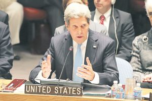 美国国务卿克里27日参加安理会关于销毁叙利亚化武决议的表决。