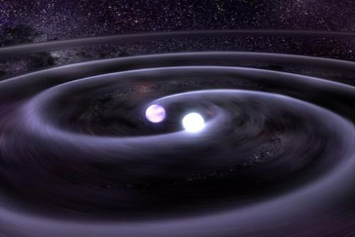 两颗互相环绕运行的白矮星产生的引力波（示意图）。