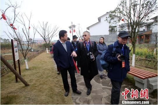 2月19日，海外华文媒体代表漫步成都双流区云华新村。　王磊　摄