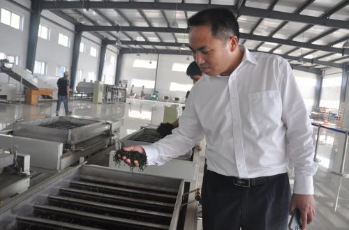 信阳佛灵山生态茶叶有限公司董事长马德记在生产车间查看茶叶加工情况。文佳/摄 